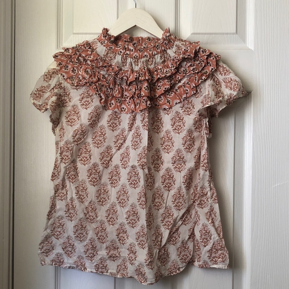 Marea Ruffled Floral Print Short-Sleeve Top in Cream and Rust